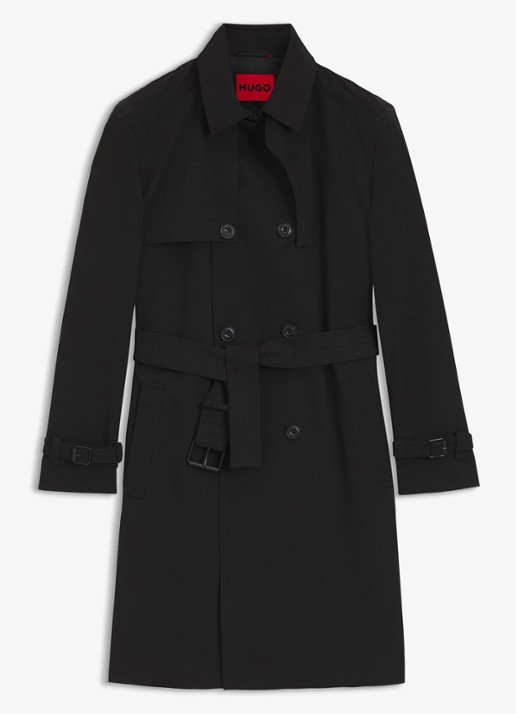 HUGO Double-breasted trenchcoat met strikceintuur - voorkant zwart