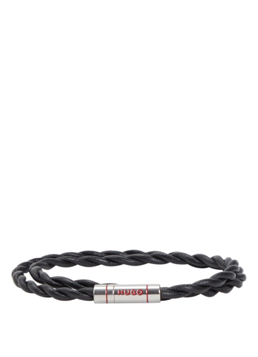 HUGO Dubbelgewikkelde armband van gevlochten leer