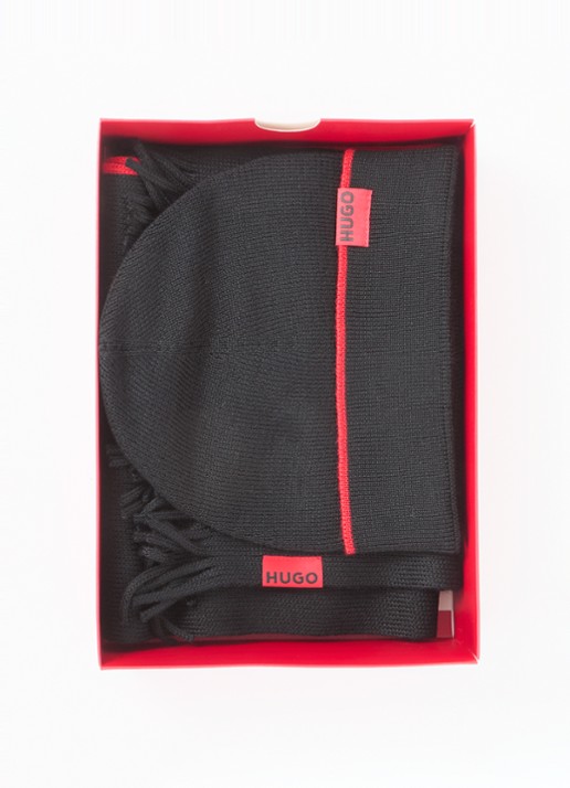 HUGO Fijngebreide muts en sjaal 172 x 23 cm in giftbox - voorkant zwart