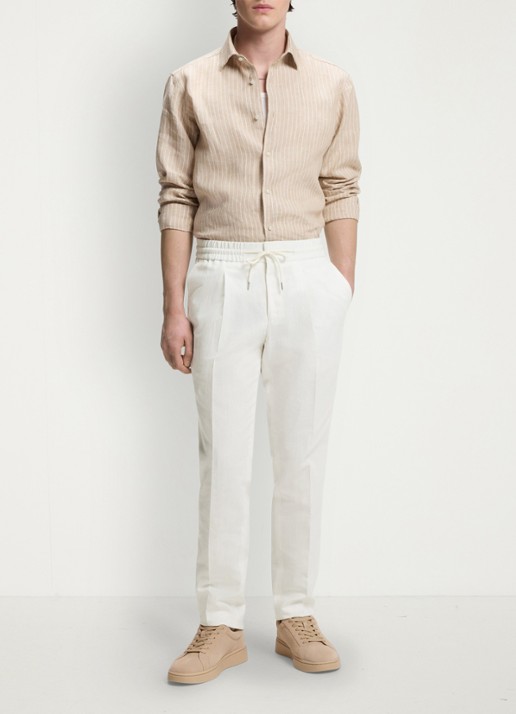 HUGO Getlin251F3 tapered fit pantalon in katoenblend - voorkant 2 natural-102 / wit