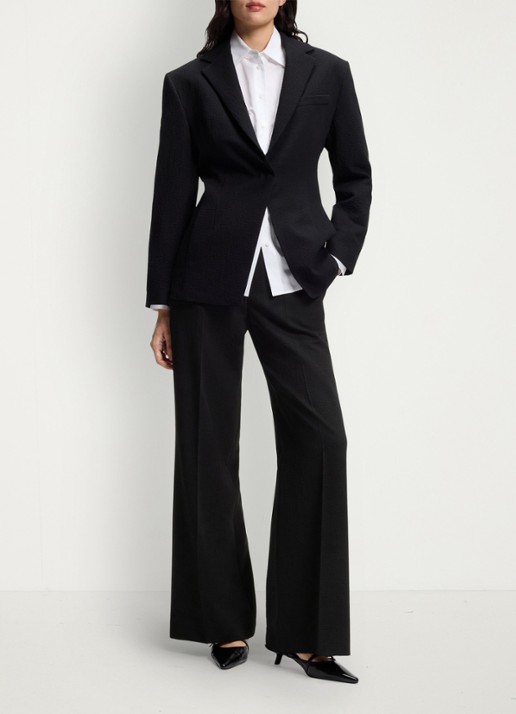 HUGO Hasmina high waist wide fit pantalon met textuur - voorkant 6 black-001 / zwart
