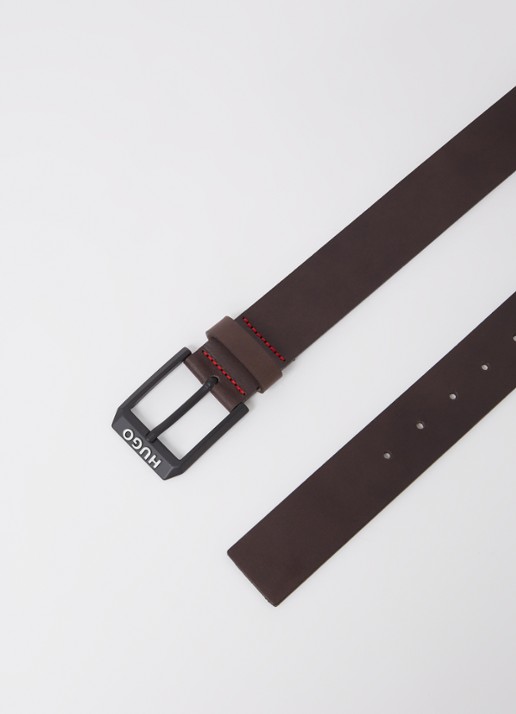 HUGO Leren riem met matzwarte gesp met logodecoratie - detail 2 donkerbruin