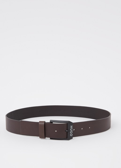 HUGO Leren riem met matzwarte gesp met logodecoratie - voorkant donkerbruin