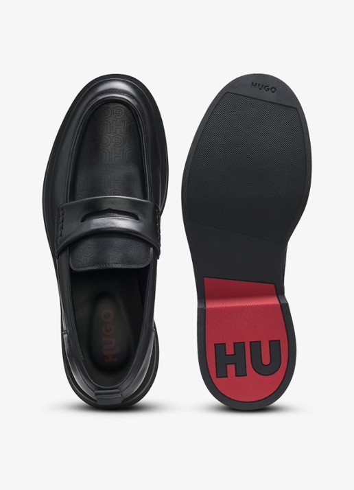 HUGO Loafer van leer met logo - detail zwart