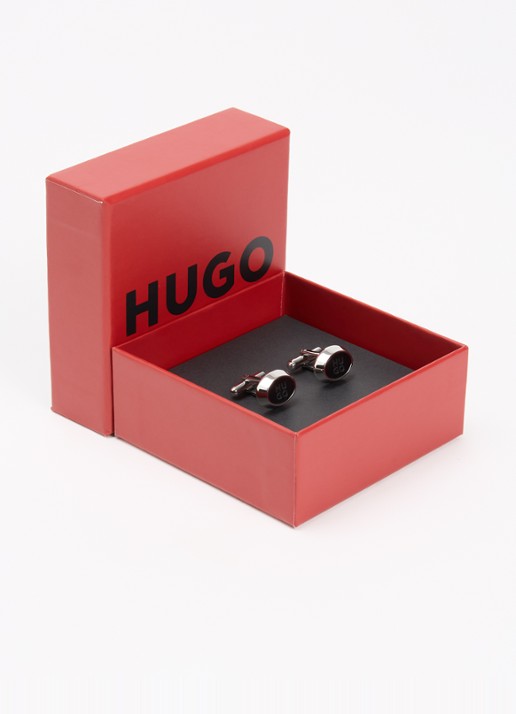 HUGO Manchetknopen met logo   - voorkant 4 zilver