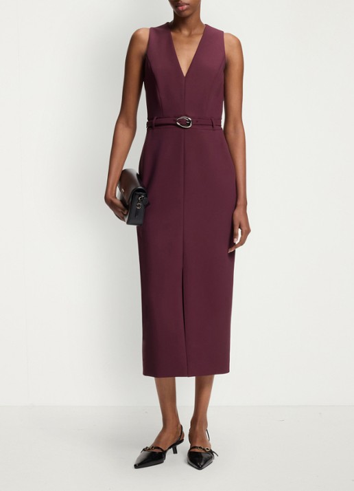 HUGO Midi jurk met V-hals en ceintuur - voorkant 2 aubergine