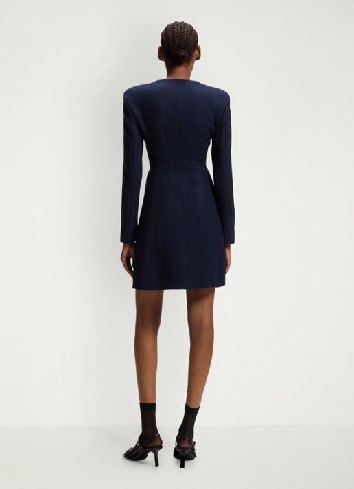 HUGO Mini blousejurk van bouclé met v-hals - achterkant donkerblauw