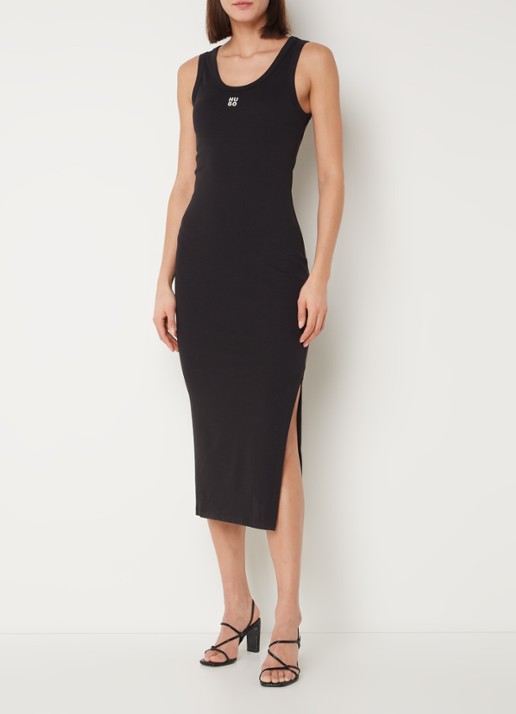 HUGO Nalimera midi kokerjurk met logo en split - detail 4 black-001 / zwart