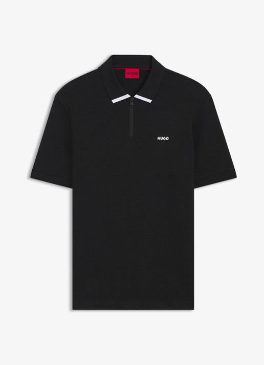 HUGO Polo van katoenpiqué met contrastlogo - voorkant black-001 / zwart