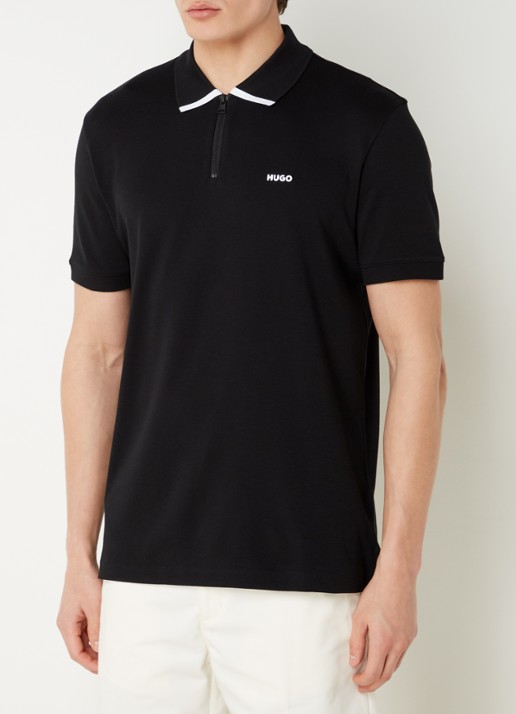 HUGO Polo van katoenpiqué met contrastlogo - detail 9 black-001 / zwart