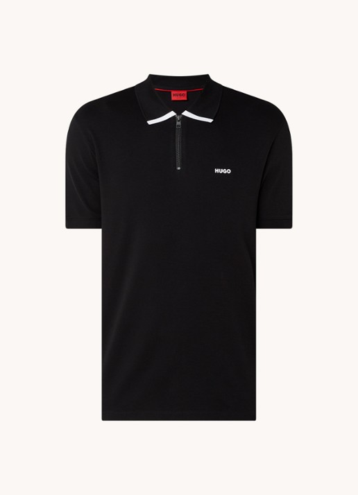 HUGO Polo van katoenpiqué met contrastlogo - voorkant 3 black-001 / zwart