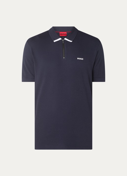 HUGO Polo van katoenpiqué met contrastlogo - voorkant dark blue-405 / blauw