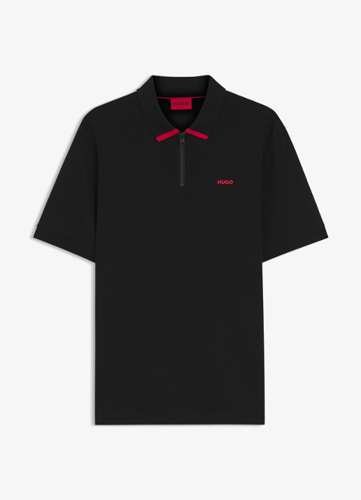 HUGO Polo van katoenpiqué met contrastlogo - voorkant 2 black-002 / zwart