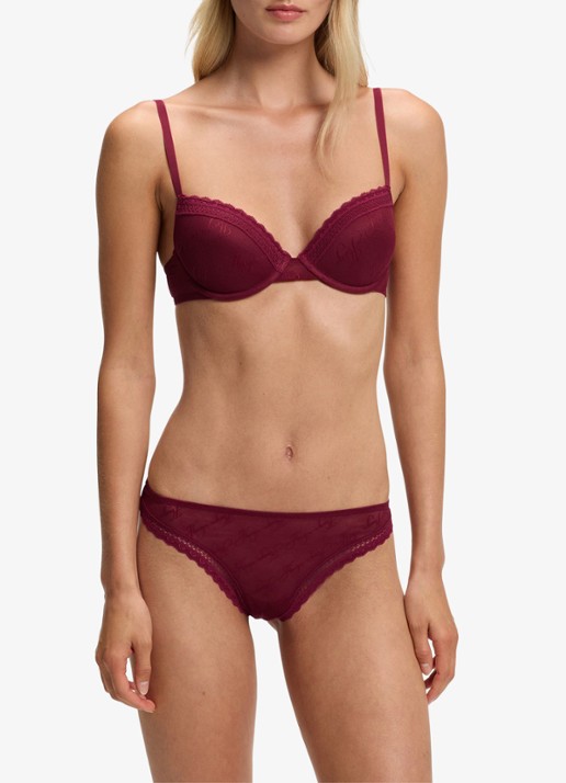 HUGO Push-up bh van mesh met kant en logoborduring - detail bordeauxrood