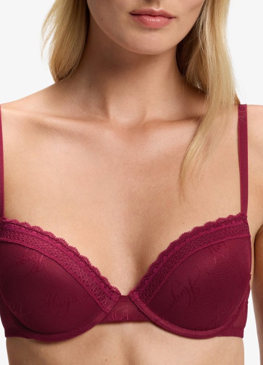 HUGO Push-up bh van mesh met kant en logoborduring - detail 2 bordeauxrood