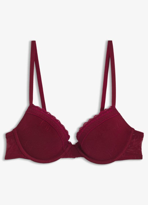 HUGO Push-up bh van mesh met kant en logoborduring - voorkant 5 bordeauxrood