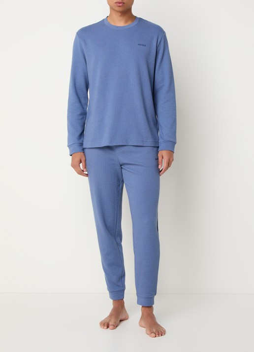 HUGO Pyjama-T-shirt van een katoenmix met wafelstructuur - voorkant 4 donkerblauw