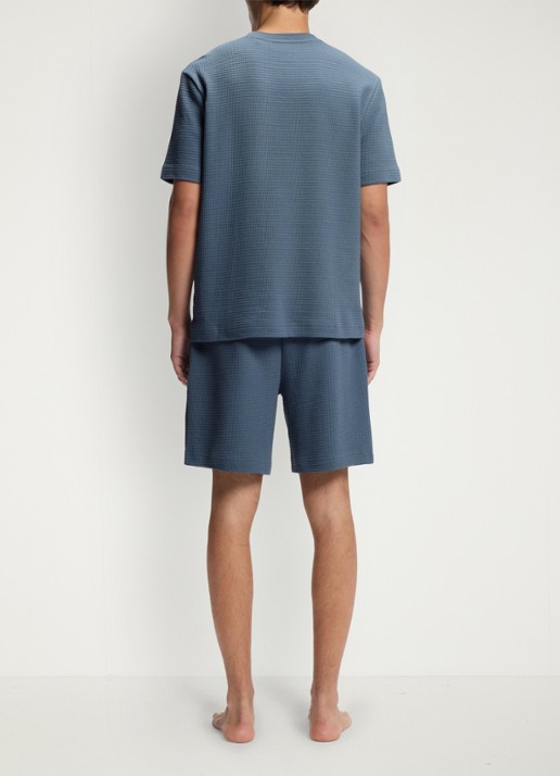 HUGO Pyjamashirt met wafelstructuur en logostiksel - achterkant open blue-496 / blauw