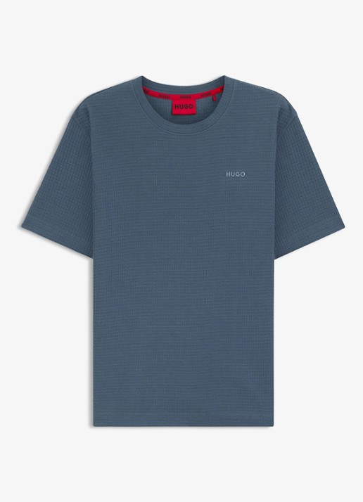 HUGO Pyjamashirt met wafelstructuur en logostiksel - voorkant 3 open blue-496 / blauw