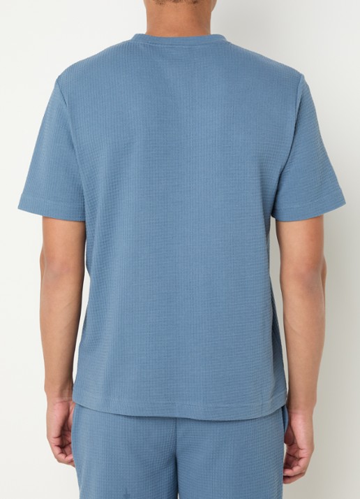 HUGO Pyjamashirt met wafelstructuur en logostiksel - achterkant 2 open blue-496 / blauw