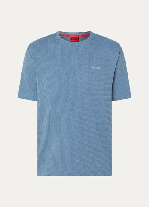 HUGO Pyjamashirt met wafelstructuur en logostiksel - voorkant 5 open blue-496 / blauw