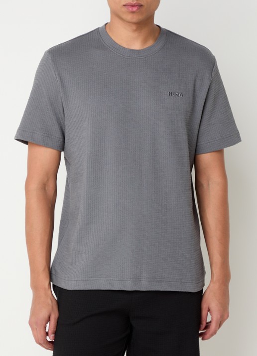 HUGO Pyjamashirt met wafelstructuur en logostiksel - detail 3 open grey-086 / grijs