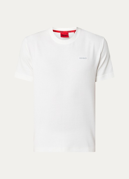 HUGO Pyjamashirt met wafelstructuur en logostiksel - voorkant natural-102 / wit