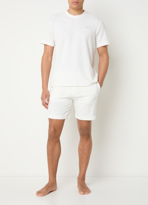 HUGO Pyjamashirt met wafelstructuur en logostiksel - voorkant 2 natural-102 / wit