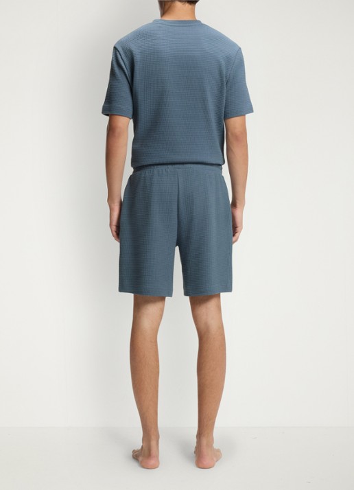 HUGO Pyjamashort met wafelstructuur en logostiksel - achterkant 4 open blue-496 / blauw
