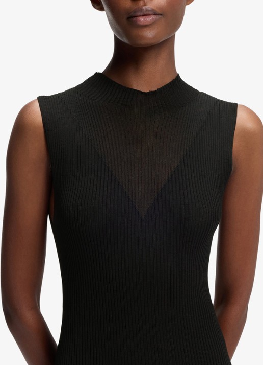 HUGO Ribgebreide maxi jurk met opstaande kraag - detail 4 black-001 / zwart