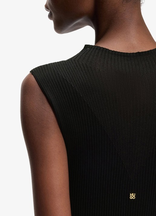 HUGO Ribgebreide maxi jurk met opstaande kraag - detail 5 black-001 / zwart