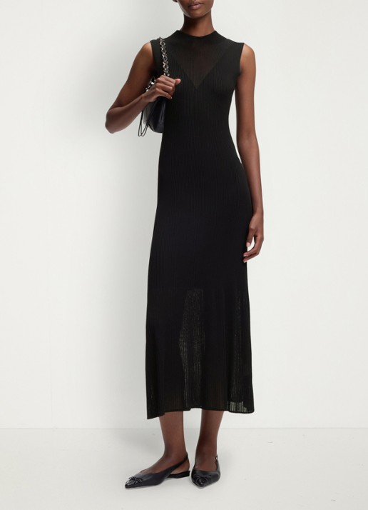HUGO Ribgebreide maxi jurk met opstaande kraag - voorkant 2 black-001 / zwart