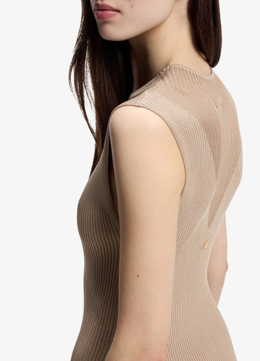 HUGO Ribgebreide maxi jurk met opstaande kraag - detail 3 light/pastel brown-232 / bruin