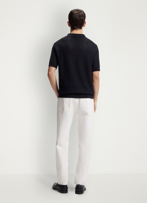 HUGO Ribgebreide polo in katoenblend - achterkant donkerblauw