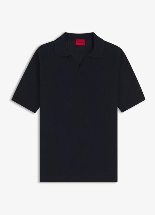 HUGO Ribgebreide polo in katoenblend - voorkant 4 donkerblauw