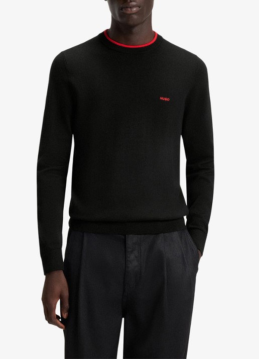 HUGO San Cudo fijngebreide pullover met logoborduring - detail 2 zwart
