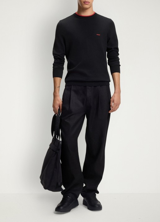 HUGO San Cudo fijngebreide pullover met logoborduring - voorkant 3 donkerblauw