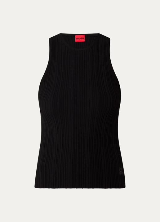 HUGO Sarepla  ribgebreide top met logoborduring  - voorkant 2 black-001 / zwart