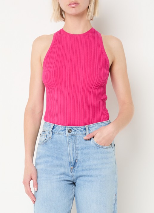HUGO Sarepla  ribgebreide top met logoborduring  - detail bright pink-675 / roze