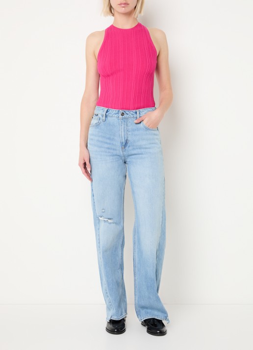 HUGO Sarepla  ribgebreide top met logoborduring  - voorkant 3 bright pink-675 / roze