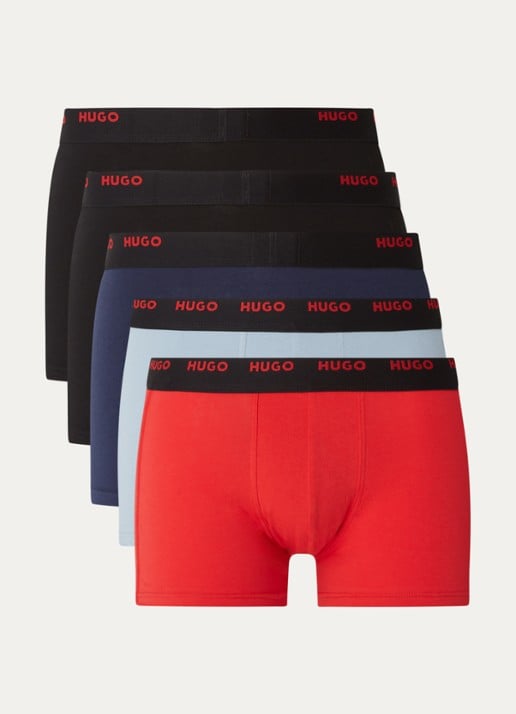 HUGO Set van vijf korte boxershorts met logotailleband van stretchkatoen - voorkant 3 zwart