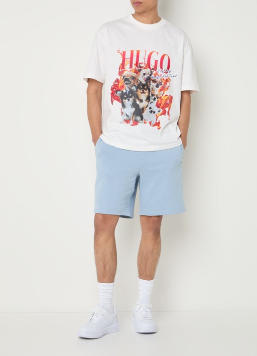HUGO Short van katoenen sweatstof met logoprint - voorkant 3 open blue-483 / blauw