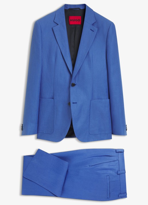 HUGO Slim fit 2-delig pak van linnen - voorkant staalblauw