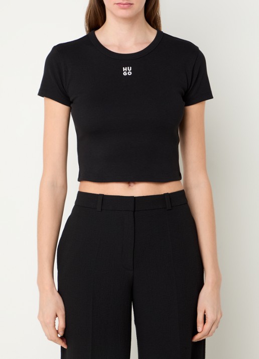 HUGO Slim-fit T-shirt van een katoenmix met logostiksel