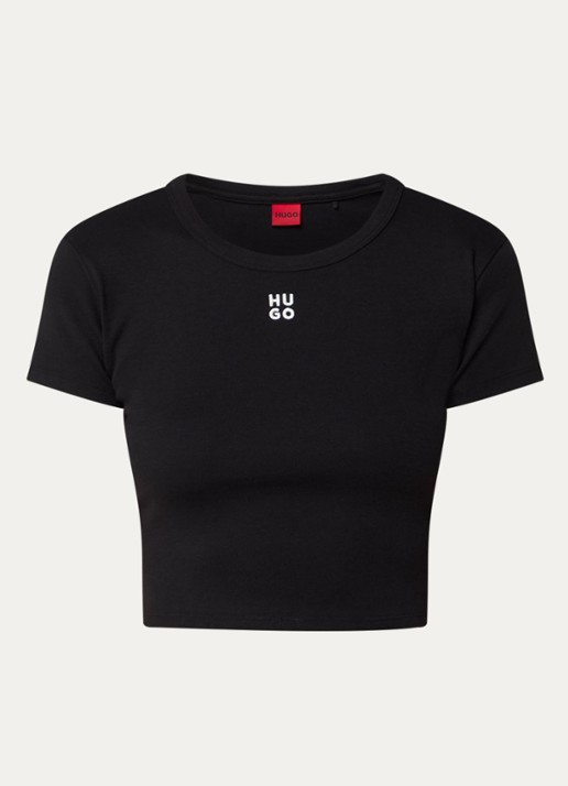 HUGO Slim-fit T-shirt van een katoenmix met logostiksel - voorkant 3 zwart