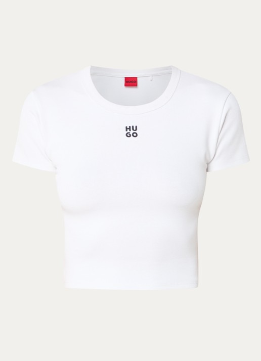 HUGO Slim-fit T-shirt van een katoenmix met logostiksel - voorkant wit