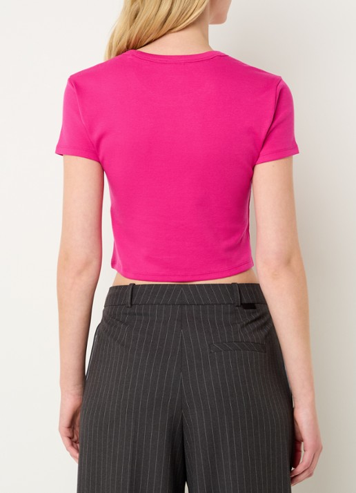HUGO Slim-fit T-shirt van een katoenmix met logostiksel - achterkant 2 fuchsia
