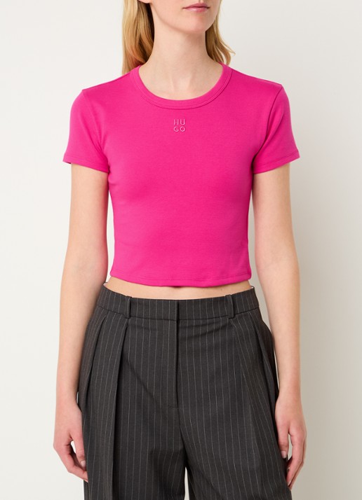 HUGO Slim-fit T-shirt van een katoenmix met logostiksel - detail fuchsia