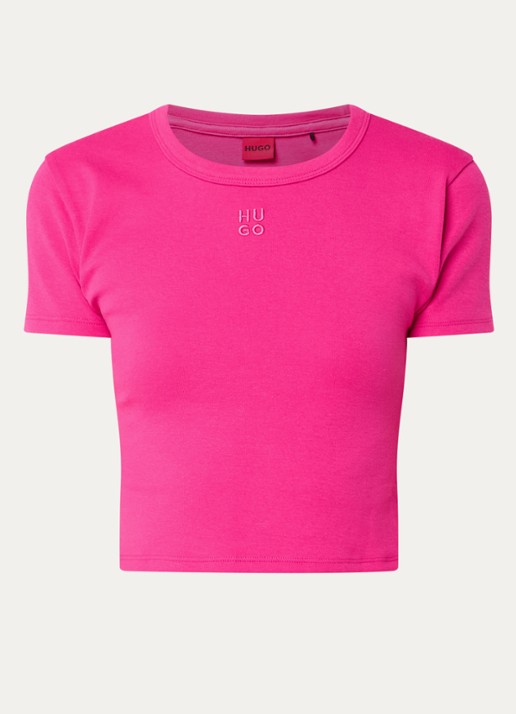 HUGO Slim-fit T-shirt van een katoenmix met logostiksel - voorkant 3 fuchsia