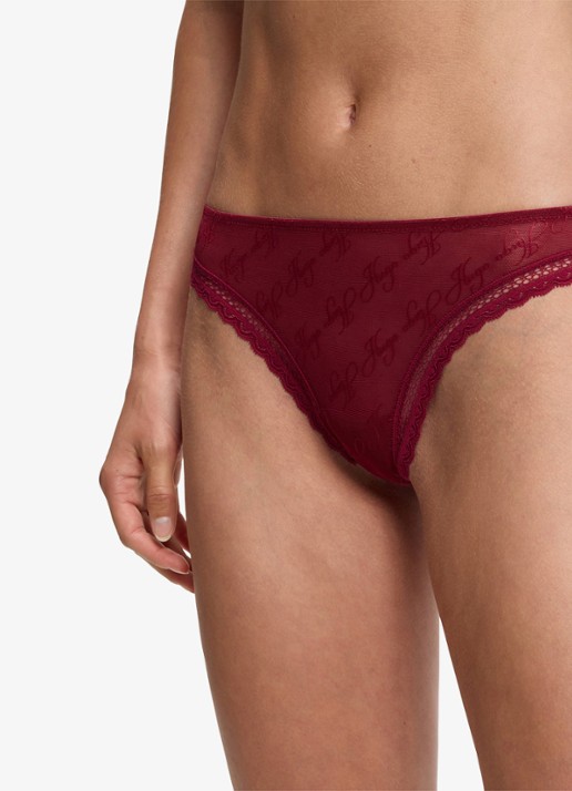 HUGO String van mesh met kant en logoborduring - detail 4 bordeauxrood